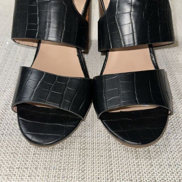 PRIMARK Black Pebbled Leather Gold Tone Buckle Brown Stacked Block Heel Sandals - Picture 8 of 12